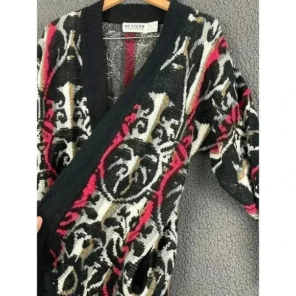 VTG Western Connection Women's Black Red Sweater MEDIUM Acrylic Pockets - Picture 4 of 9